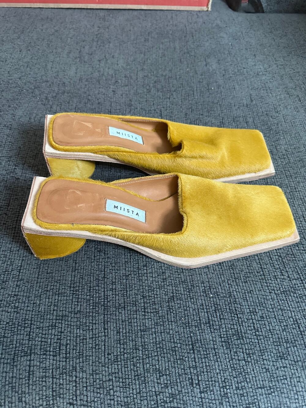 Miista Jena Calf-Hair Mules Yellow Womans EU40 US 9 Square Too Sculptural Heels